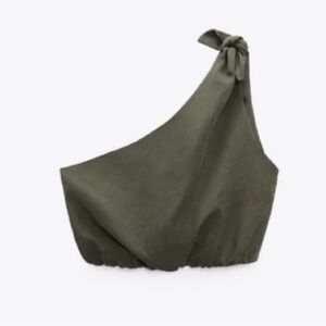 ZARA olive Green Knotted One Shoulder Crop Top/Chic Minimalist Blouse